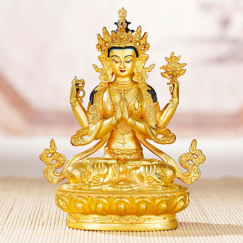 铜四臂观音佛像鎏金佛像藏传佛用品5寸四臂观音佛像供佛摆件