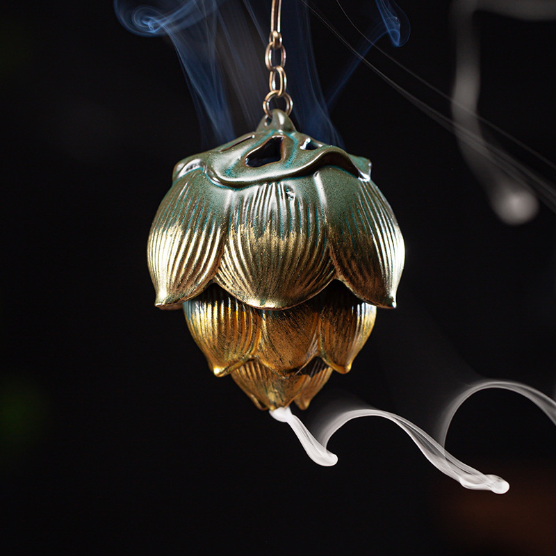 莲花倒流香炉陶瓷仿古吊式香球禅意盘香炉中式香薰炉玄关装饰摆件