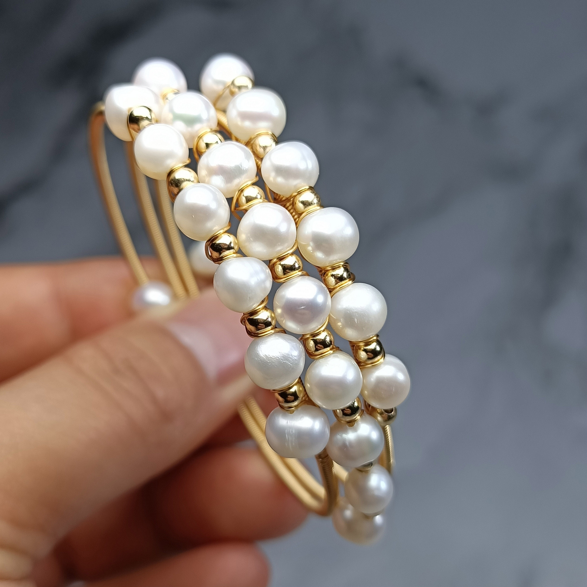 天然淡水珍珠 14k包金 异形珍珠纯手工绕线三圈手链复古特色手镯