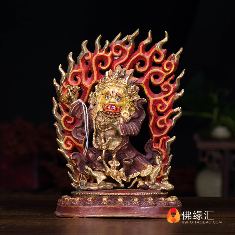 【佛缘汇】尼泊尔手工6寸 铜半鎏金黑袍金刚 二臂玛哈嘎拉护法像