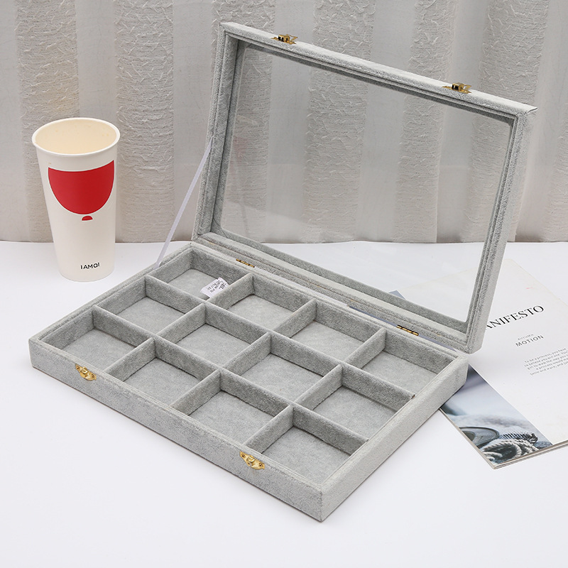 Dustproof and Transparent Clamshell Ring Pearl Storage Organize Box Jewelry Ornament Diamond Box Grid Ice Crytal Velvet Display Box
