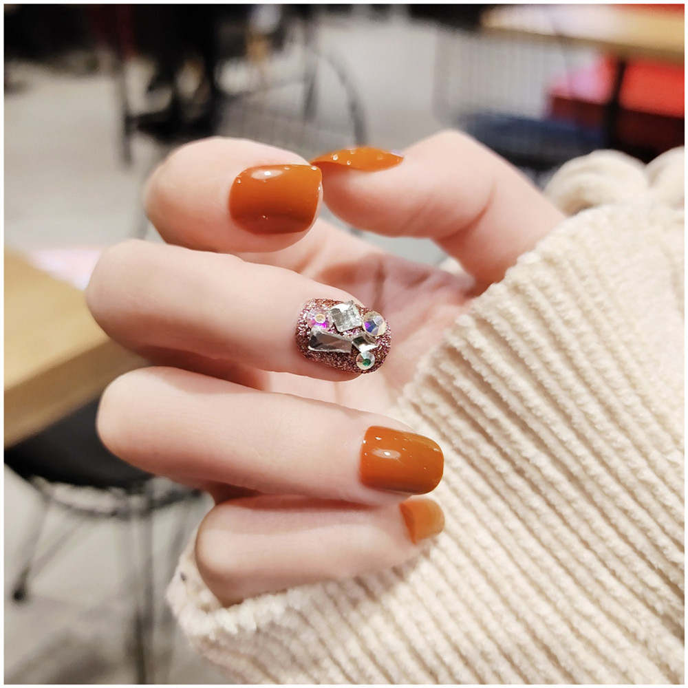 假指甲成品美甲贴片方头短款南瓜橘色指甲贴可拆卸穿戴式显白防水