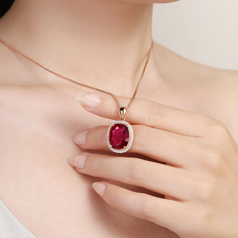 新品大椭圆形仿真红碧玺满钻彩宝镀18k玫瑰金色吊坠女 气质首饰品