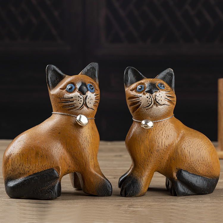 泰国木雕工艺品 东南亚实木手工雕刻猫咪摆件创意家居桌面小饰品