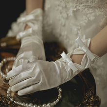批发新娘婚纱手套蝴蝶结结婚婚庆婚礼短款缎面礼仪演出本白色手套