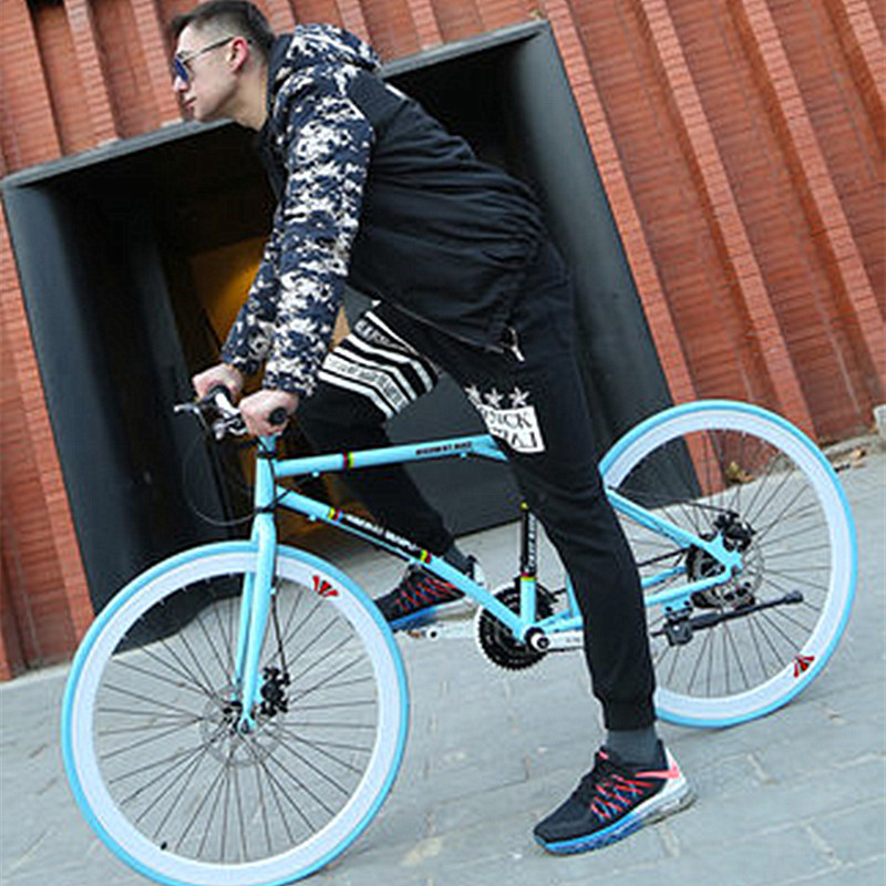 变速死飞自行车男公路赛车单车双碟刹实心胎细胎成人学生女荧光