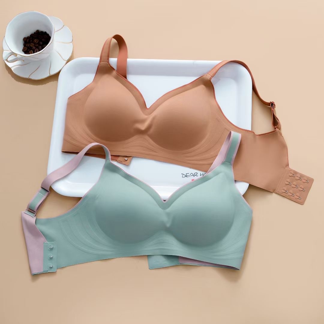高质量无痕内衣女渐变拼色乳胶果冻文胸无钢圈小胸聚拢调整型文胸