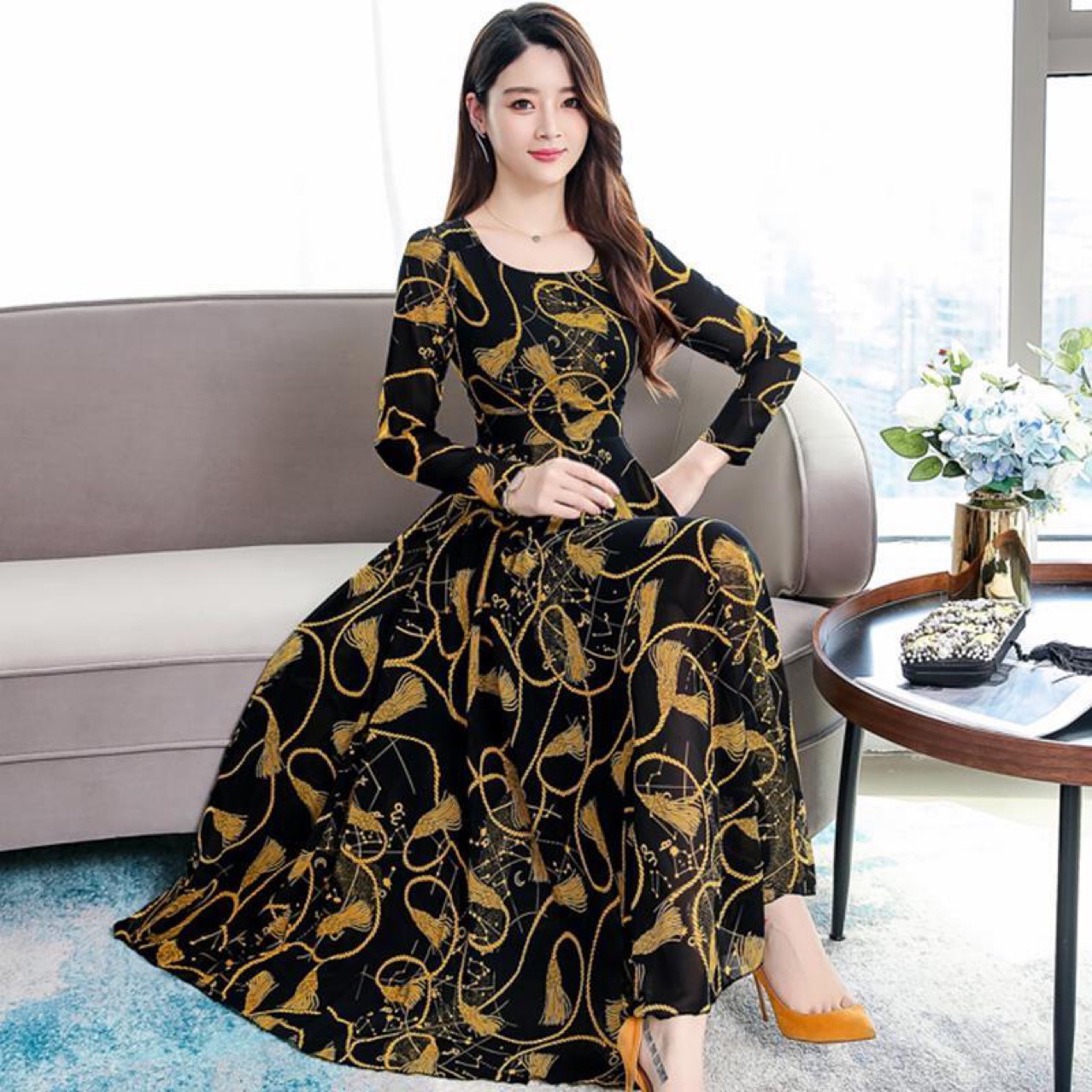 2020年新款春装女时尚碎花连衣裙气质收腰显瘦大摆a字裙跨境外贸