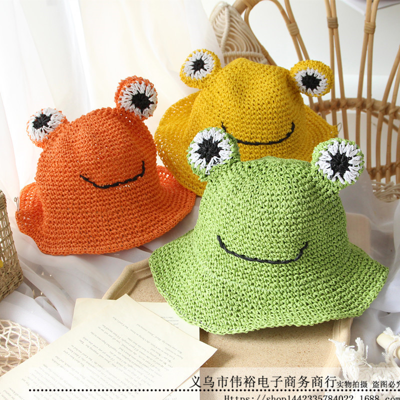 ins可爱卡通青蛙草编纯手工儿童草帽 夏季透气遮阳防晒宝宝帽子