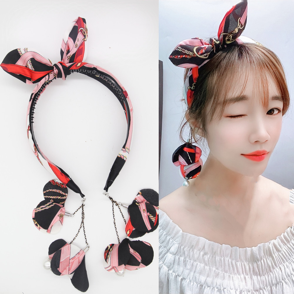 b147绿色链条带铁丝兔耳朵假耳环发箍甜美春夏款出游防滑带齿发饰