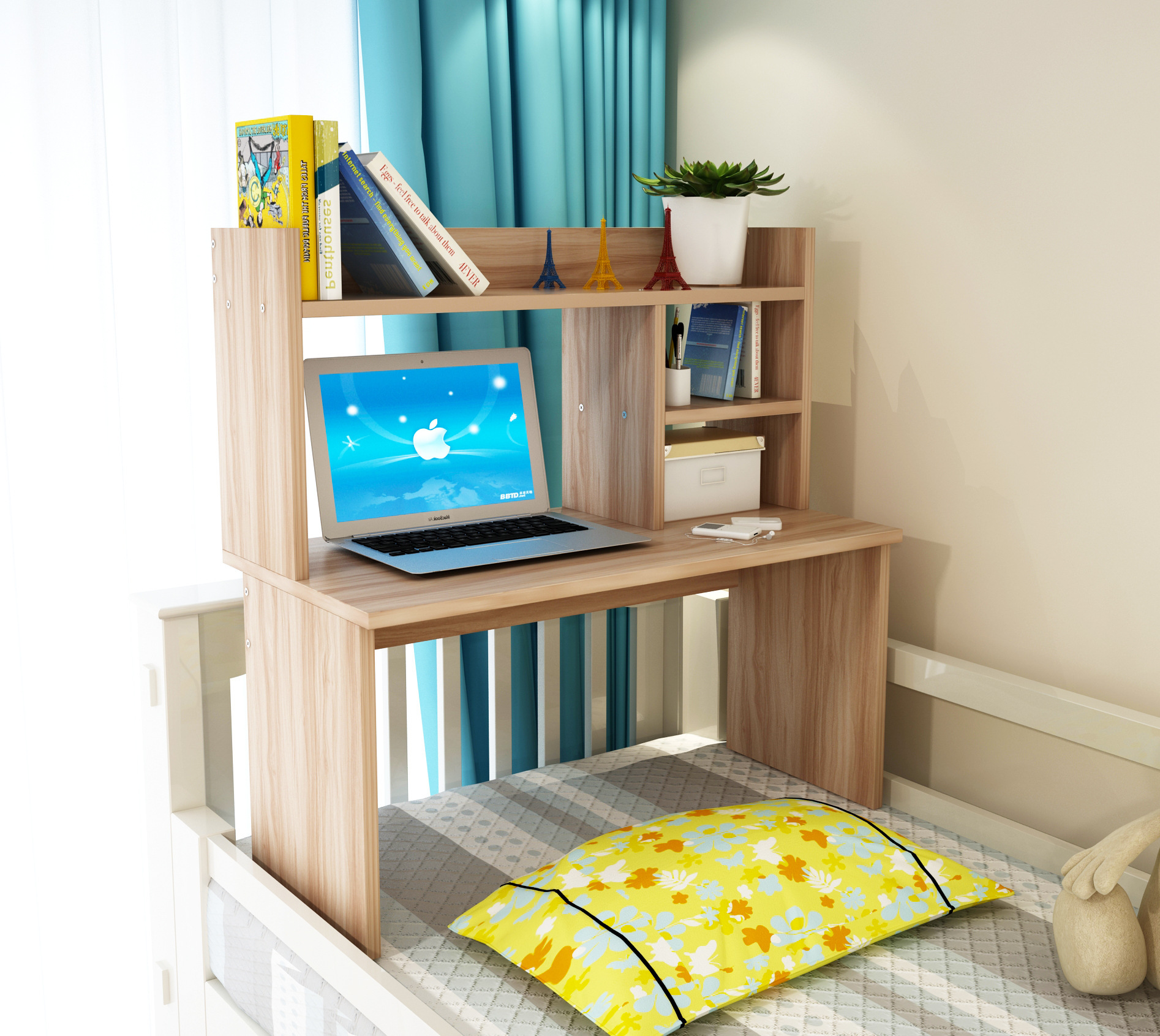 床上笔记本电脑桌带书架组合书桌学习桌家用简易写字桌大学生宿舍