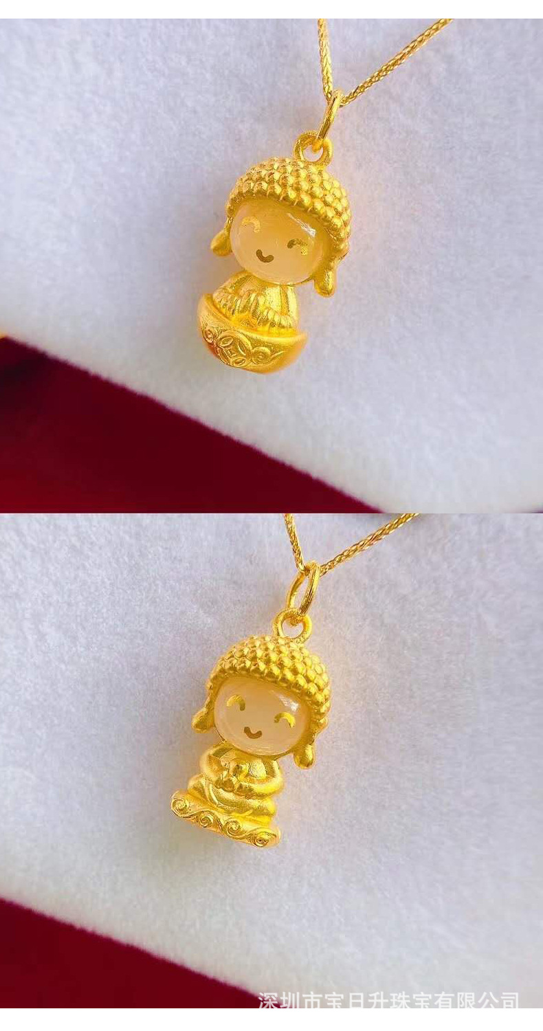 999足金开心小佛吊坠女黄金镶玉小金佛挂坠3d硬金萌佛本命年项链-阿里