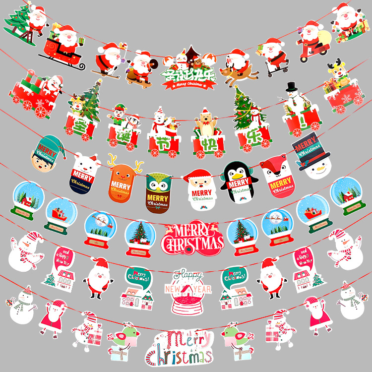 Christmas Decoration Supplies Cartoon Hanging Flag Colorful Flags Christmas Holiday Scene Layout Paper Hanging Flags Factory Wholesale