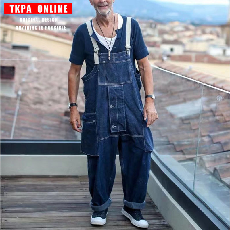 tkpa工装连体裤男式吊带牛仔裤欧美潮牌工人宽松休闲背带裤男潮