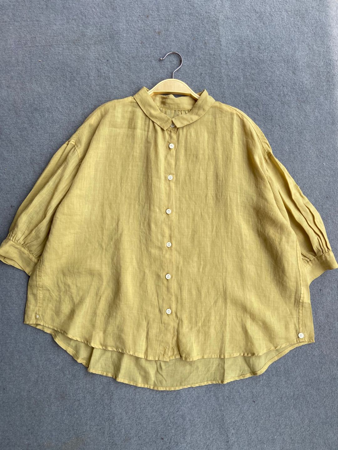 日系全麻衬衫2020夏季新款薄款麻料可交叉扣防晒中袖衬衫