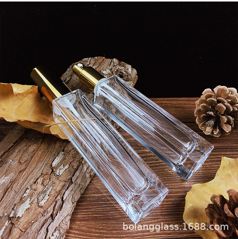现货螺口香水玻璃瓶 50ml高长方透明瓶 电化铝盖便携细喷雾分装瓶