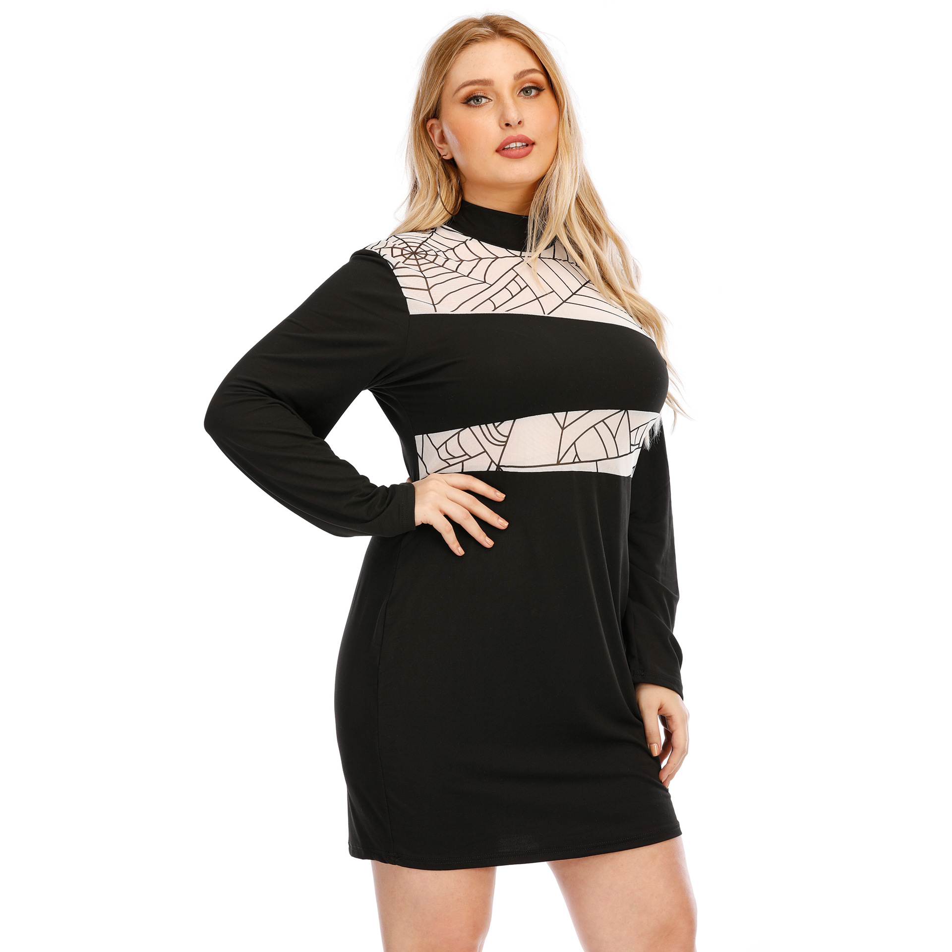 大码女装秋款跨境货源半高领拼接短裙性感长袖包臀裙