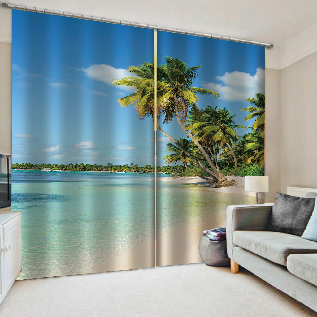 海边小清新风景窗帘客厅卧室涤沦半遮光可定制套杆窗帘成品