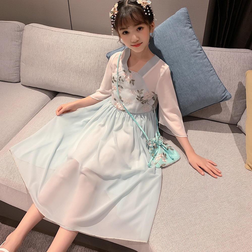 中大女童汉服长款女孩民族风仙女夏装8超仙古装半袖连衣裙12-15岁