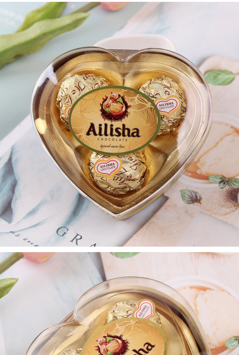 爱丽莎三粒金色巧克力心形礼盒装28克果仁休闲小食品喜糖批发