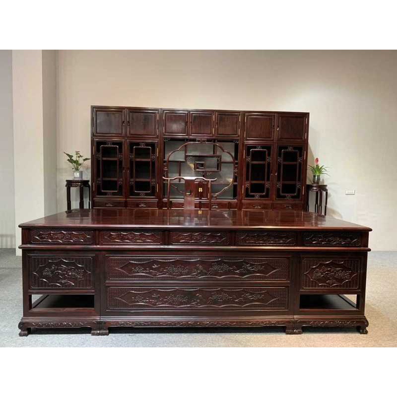 非洲小叶紫檀赞比亚血檀五件套清式花鸟办公桌书桌大班台红木家具