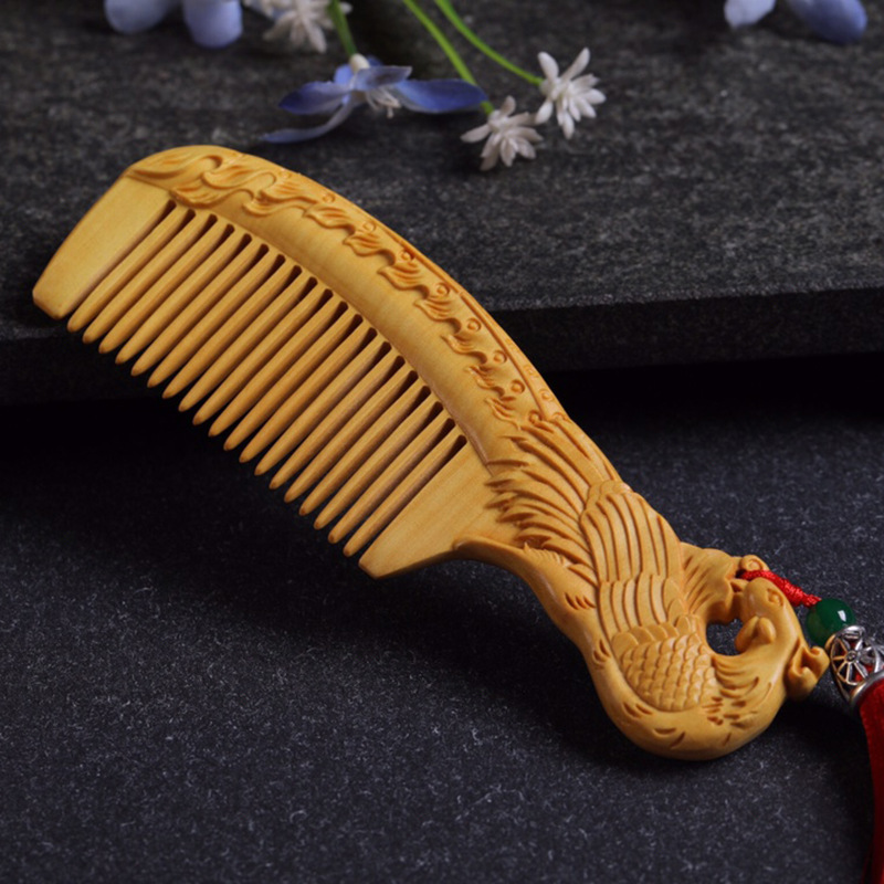凤凰图案黄杨木雕刻梳子木质工艺品龙凤对梳送女友定制礼品