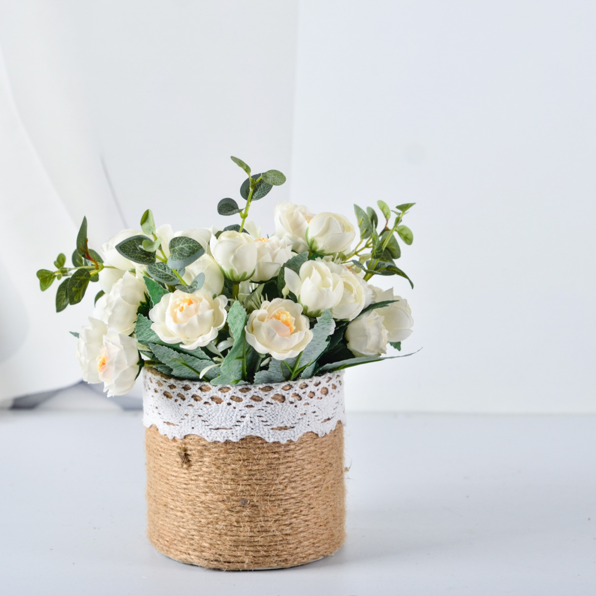 人造尤加利叶玫瑰花麻绳绿植小盆栽走廊庭院咖啡馆家居室内摆件