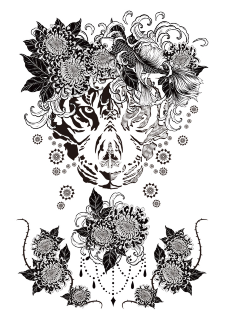 新款a3手绘满背纹身贴纸彩色龙虎鱼中国元素图案纹身满背纹身贴