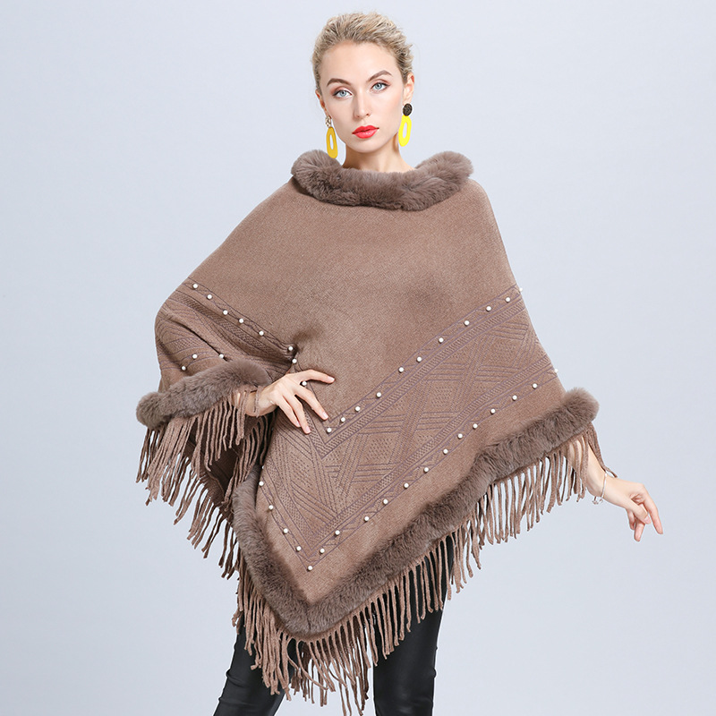 1642# European and American Autumn and Winter New Jacquard Pearl Tassel Women's Outer Wear Warm Fur Collar Shawl Cape