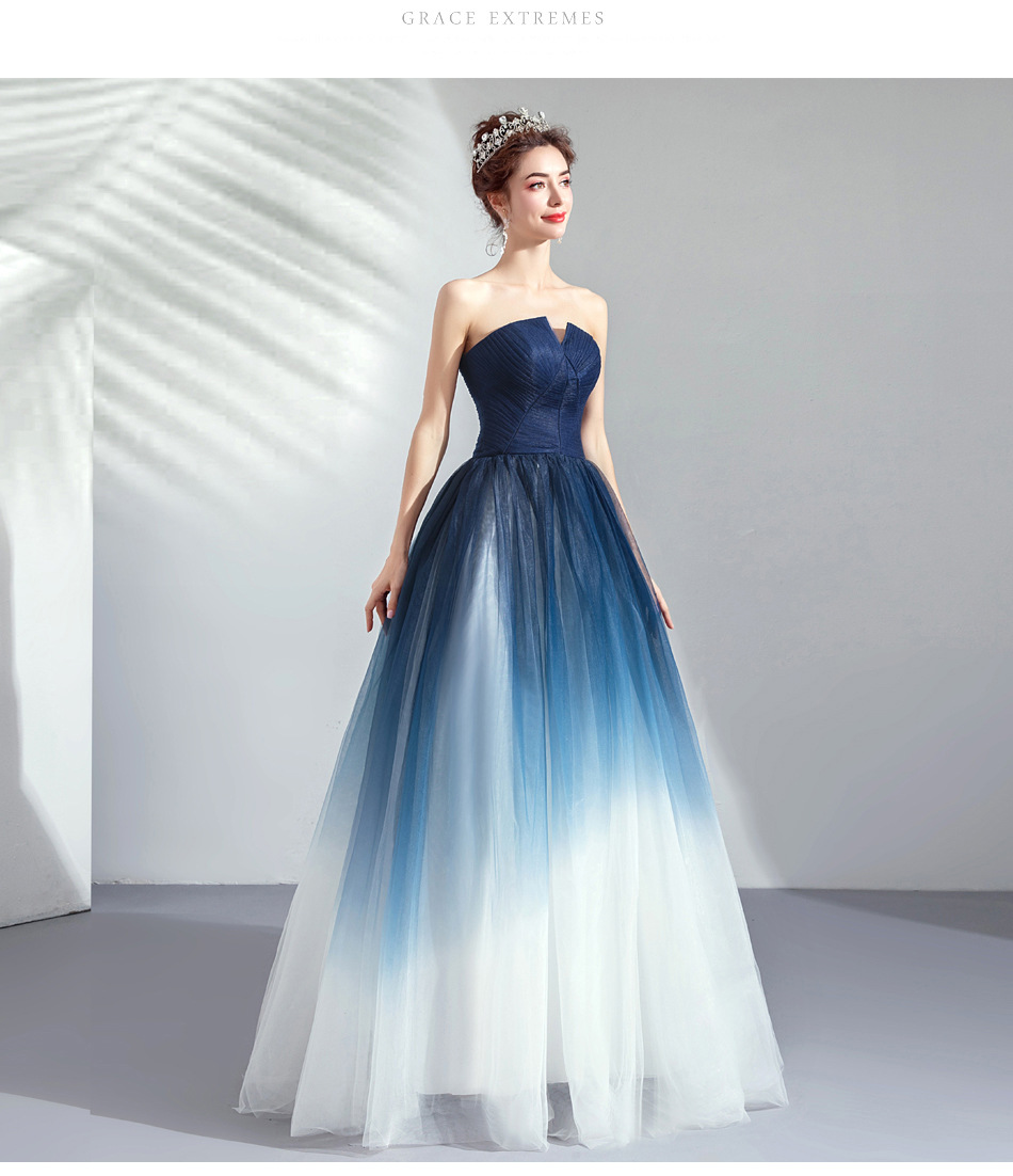婚纱梦幻星空渐变裙2022春夏季蓝色宴会礼服裙年会演出服晚礼服女