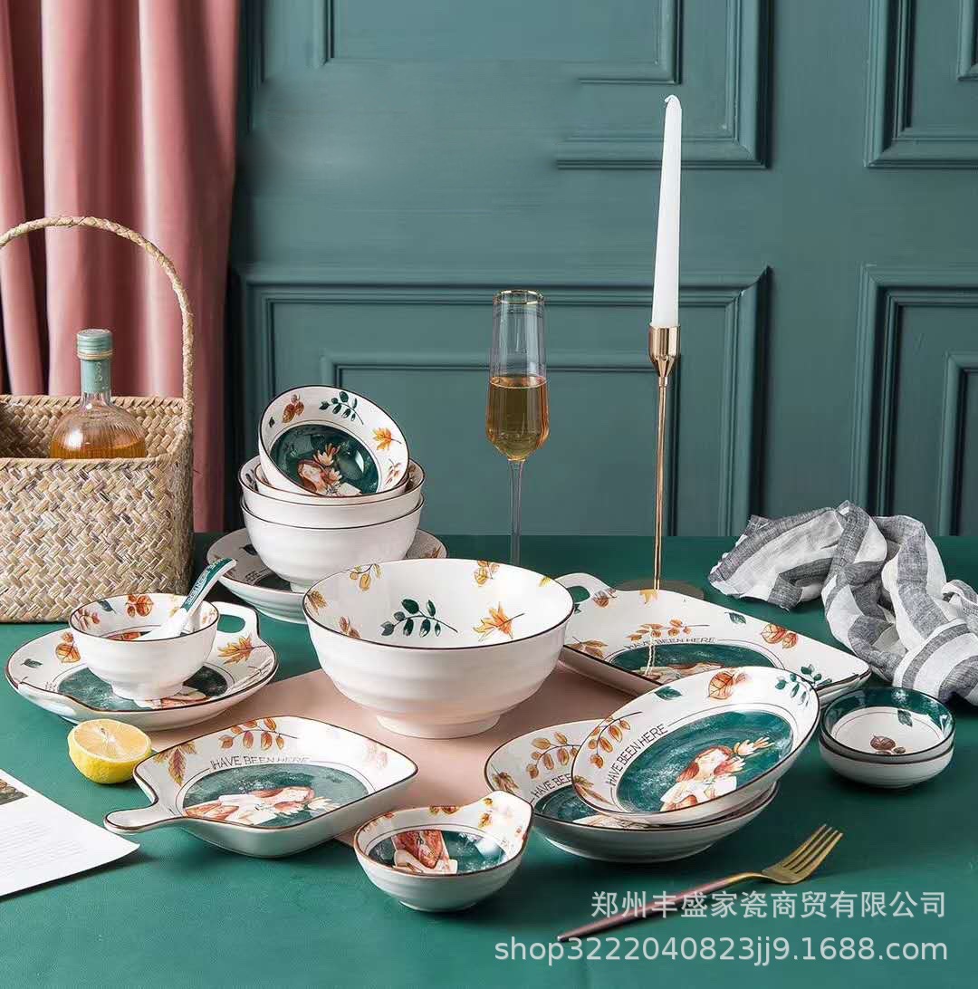 热销网红小女孩美特隆秋天童话陶瓷餐具碗盘散件 陶瓷吃饭碗盘子