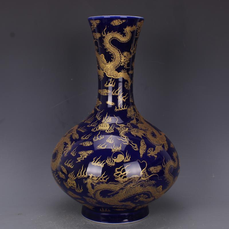 清康熙祭蓝地描金云龙纹扁肚瓶仿古瓷器中式家居摆件古董古玩收藏