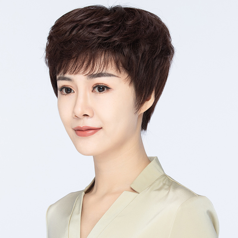 假发女短发全头套中老年人女士自然发型真人发丝妈妈全真发头发套