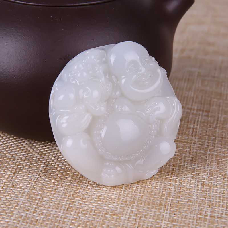 和田玉佛吊坠外蒙料白玉碧玉笑佛挂件白玉佛吊坠圆碧玉弥勒佛项链