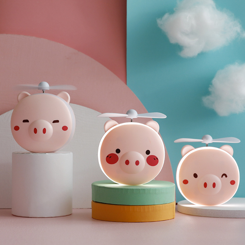 Authentic TikTok Piggy Beauty Mirror Fan USB Rechargeable Mini Cute LED Light Portable Mini Little Fan