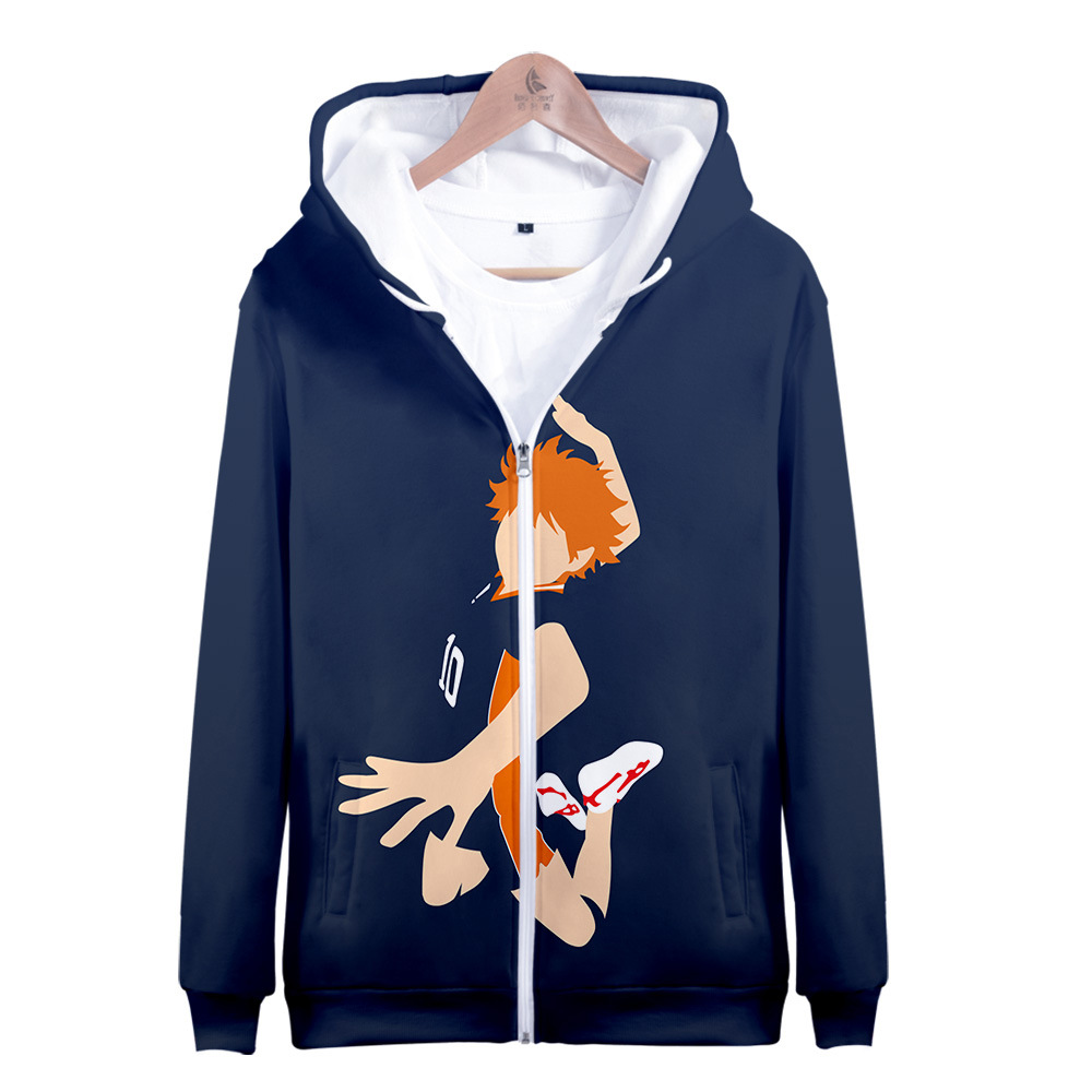 大童装跨境新推 日本动漫 排球少年 3d打印 拉链带帽卫衣