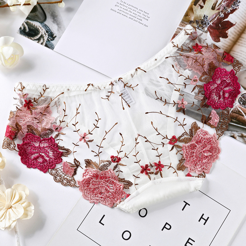 中国风刺绣内裤女性感低腰三角裤女士蕾丝花边网纱内裤纯棉档日系