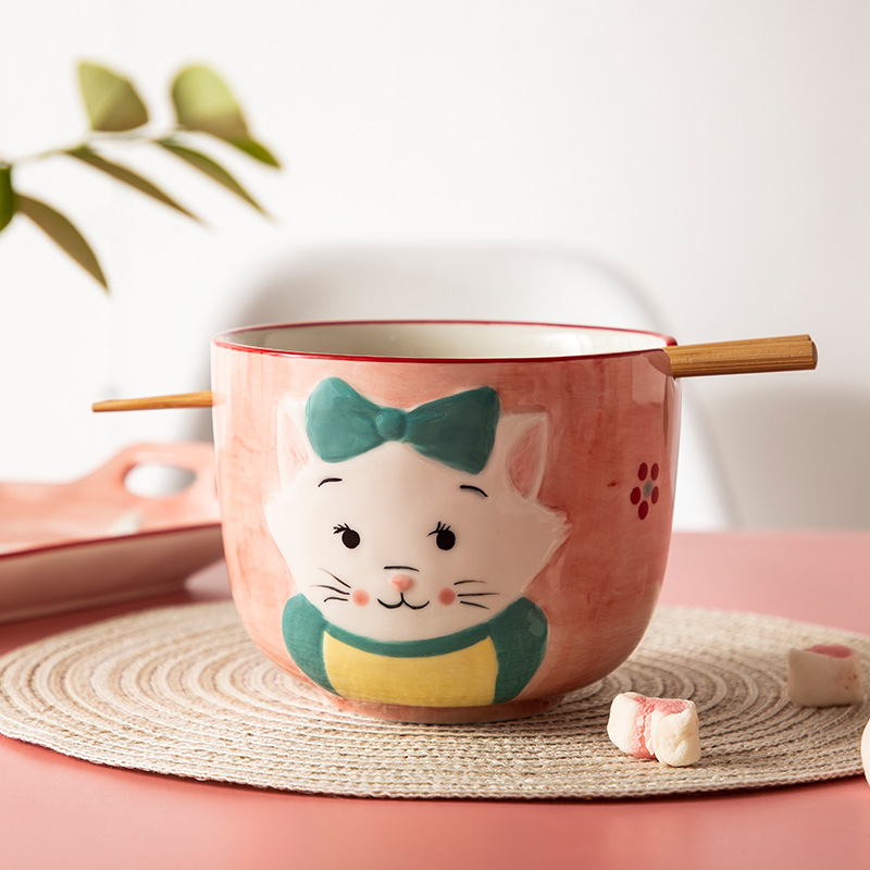 Japanese Cartoon Pink Cat Cute Bowl Single Household Ceramic Tableware Rice Bowl Noodle Bowl Dish Rectangular Fish Dish