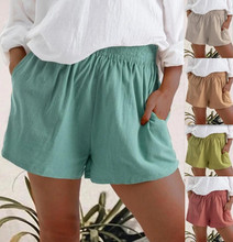 跨境女装夏新品欧美亚马逊eBay纯色高腰休闲亚麻口袋直筒三分短裤