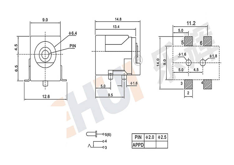 【乐辉】卧式贴片dc母座可编带 5521(2.5)直流四脚dc-050电源插座