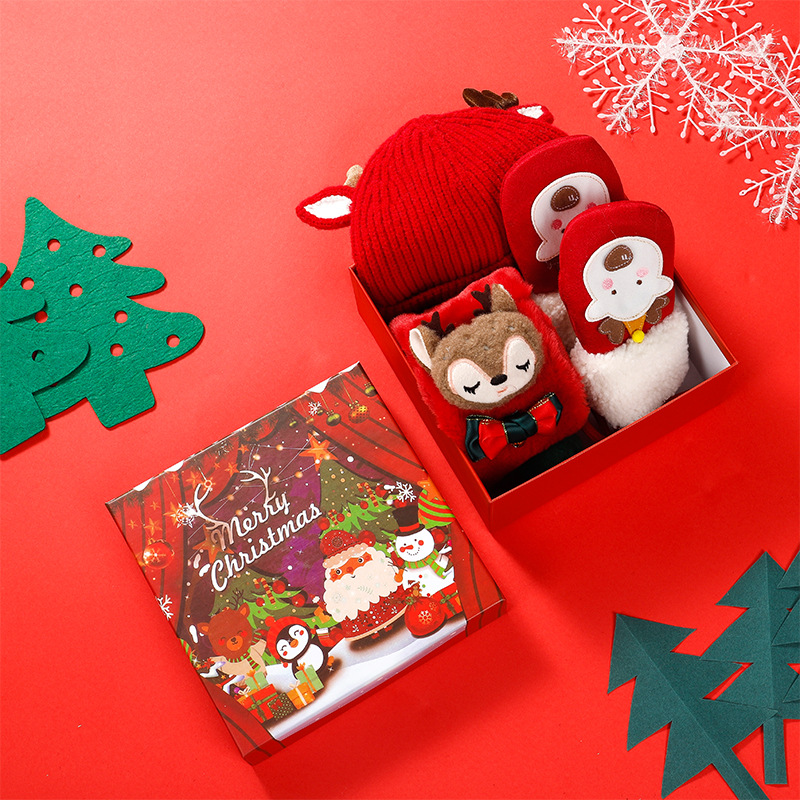 wookid儿童圣诞帽子新年礼物小鹿保暖宝宝新款帽子围巾手套三件套