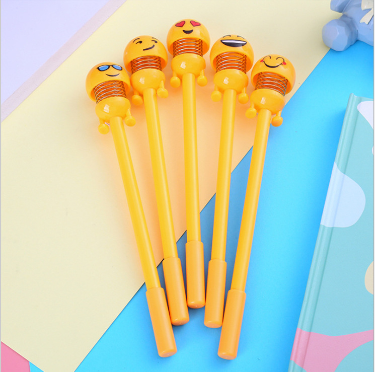 Online Influencer Cute Yellow Bobble Head Doll Ball Pen Smiley Spring Doll TikTok Q Facial Expression Bag Gel Pen Gift