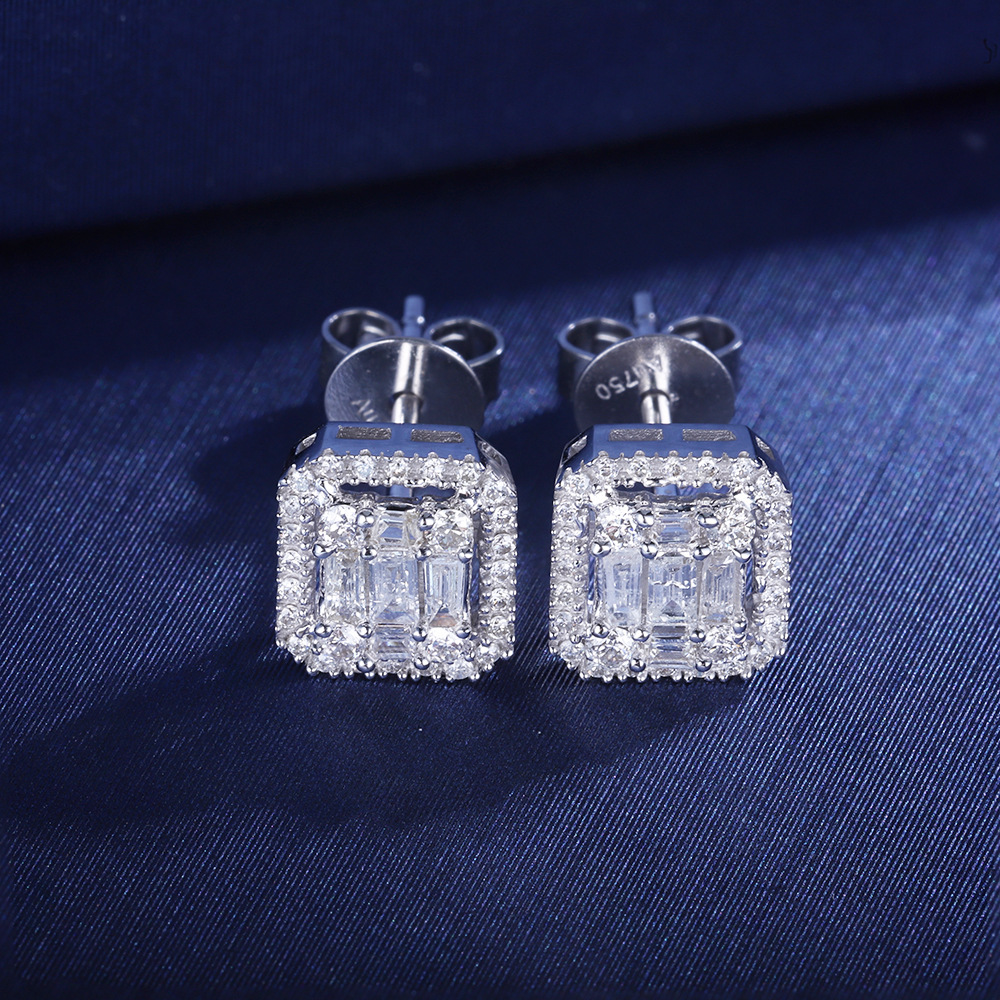18k金镶嵌梯方钻石方形耳钉钻石33分左右源头厂家可支持私人定制