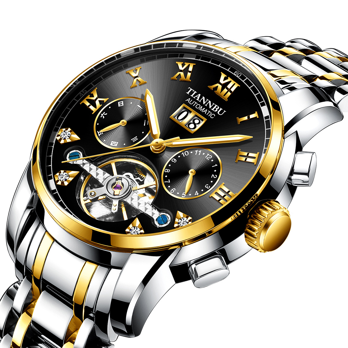 天博正品全自动机械表男士日历星期月份多功能钢蝴蝶扣陀飞轮手表