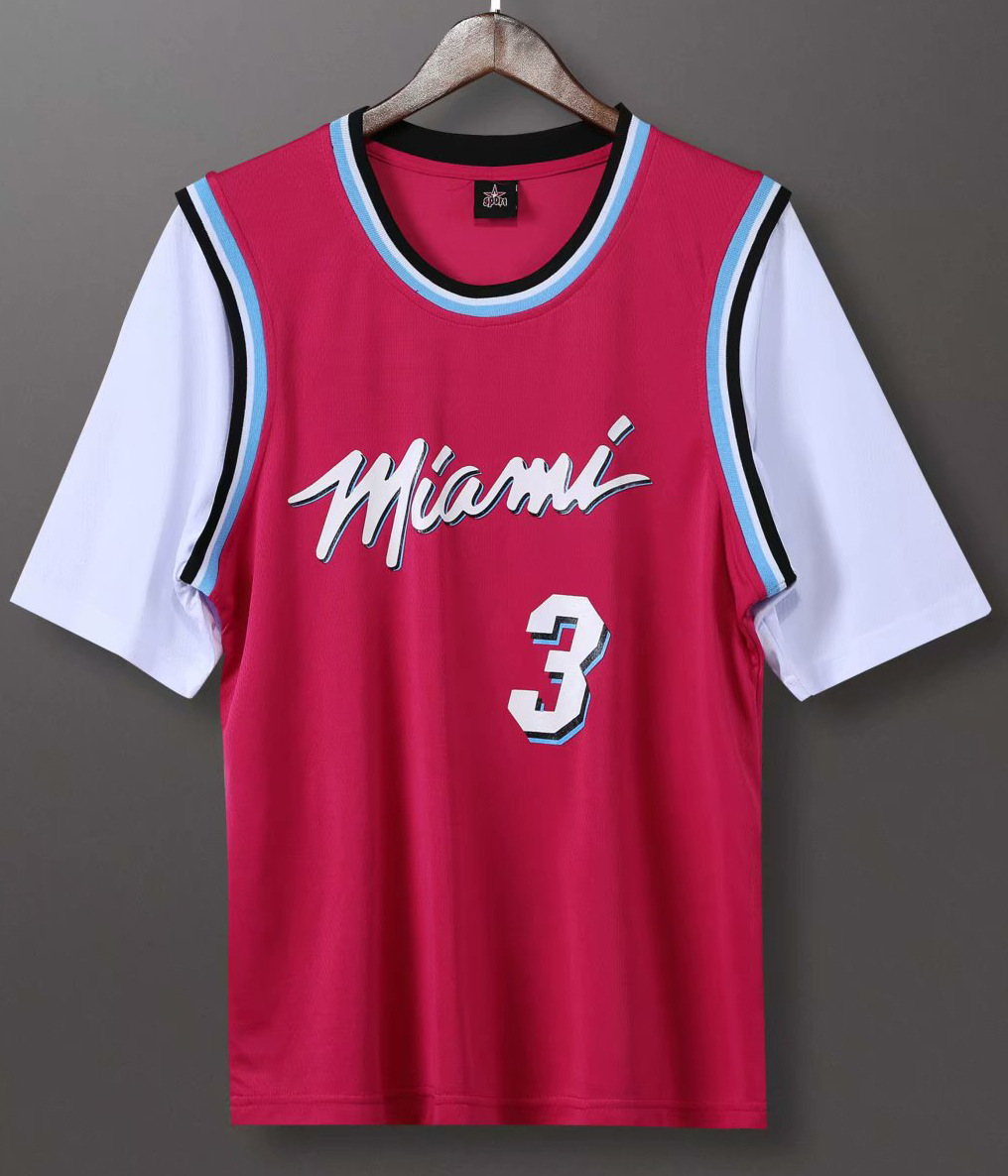 热火队城市版3号韦特短袖篮球服单价球衣假两件套比赛篮球队服男