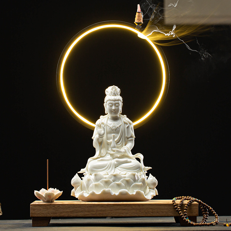 创意陶瓷观音菩萨佛像摆件家居玄关led灯装饰品禅意倒流香工艺品