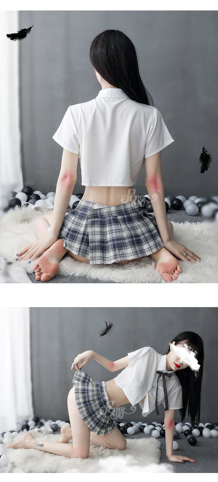 商品描述是否外贸是尺码m,l颜色白上衣 格百褶裙 丝带 内裤品牌品贤