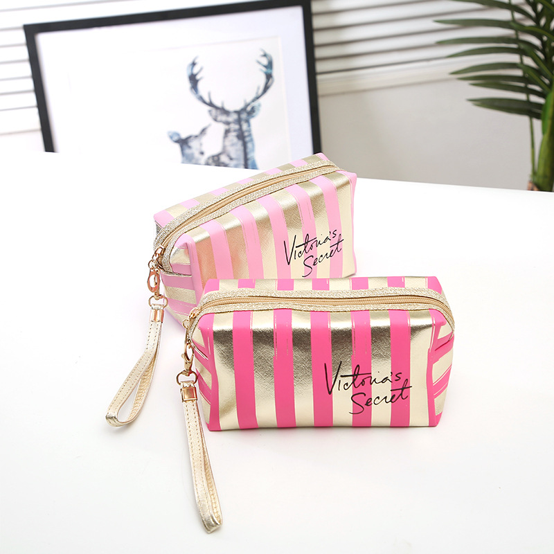 New Phnom Penh Striped Make-up Bag PU Leather Laser Octagonal Storage Bag Women's Handbag Travel Portable Toiletry Bag