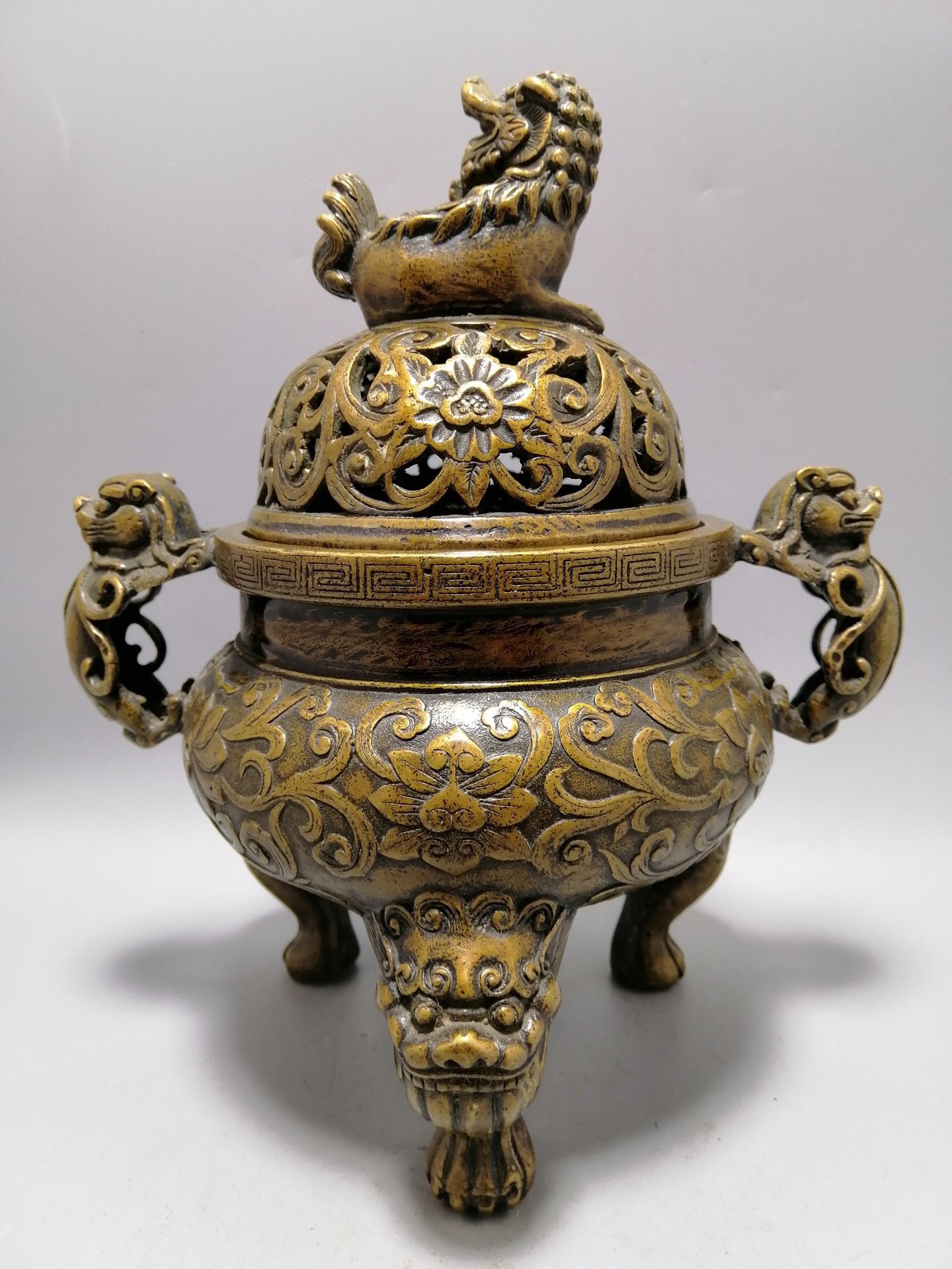 古董古玩杂件收藏 做旧仿古黄铜熏香炉摆件 古意盎然