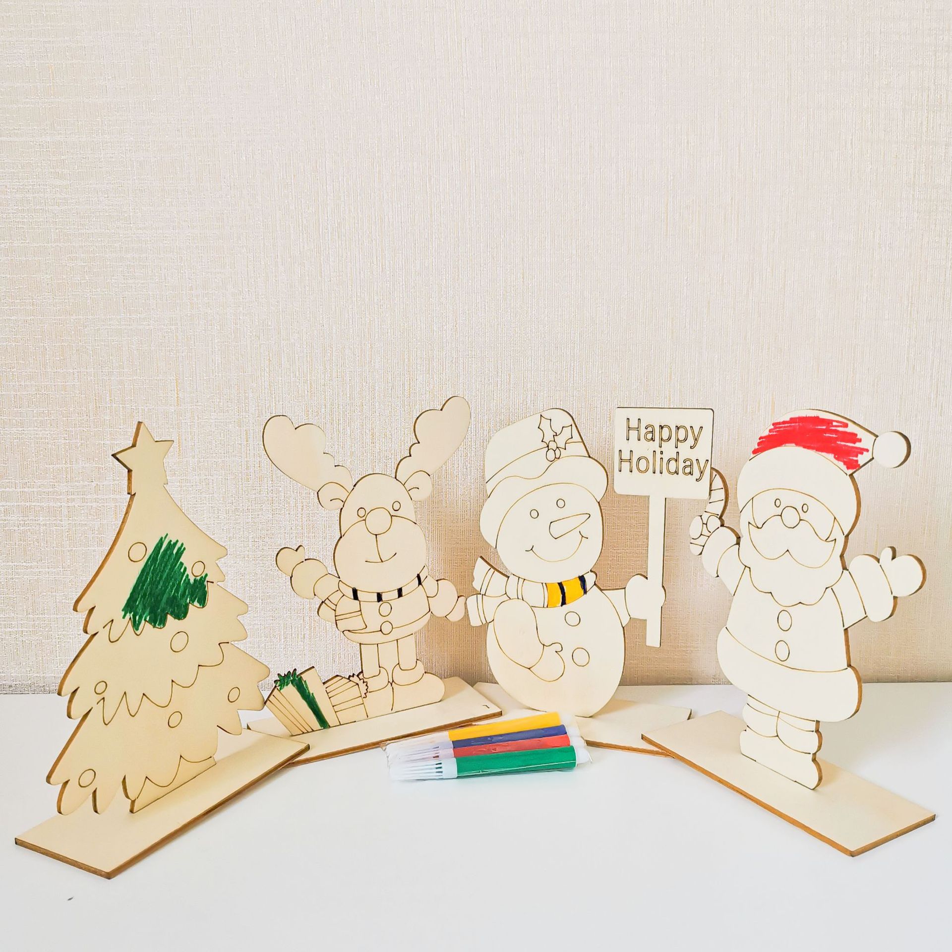 圣诞装饰品儿童绘画白胚diy木板木质拼插圣诞老人蜡笔摆件批发